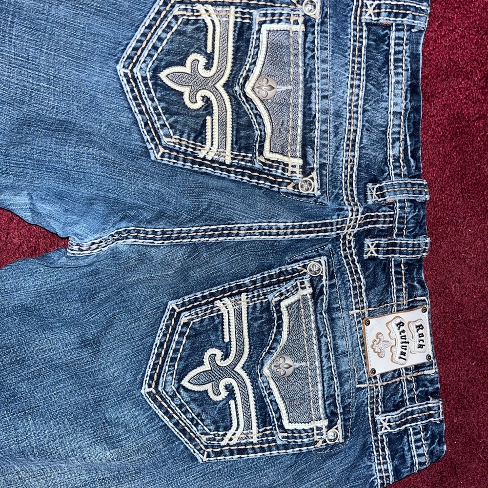 Rock Revival Blue Boot Cut Jeans with Decorative Stitching